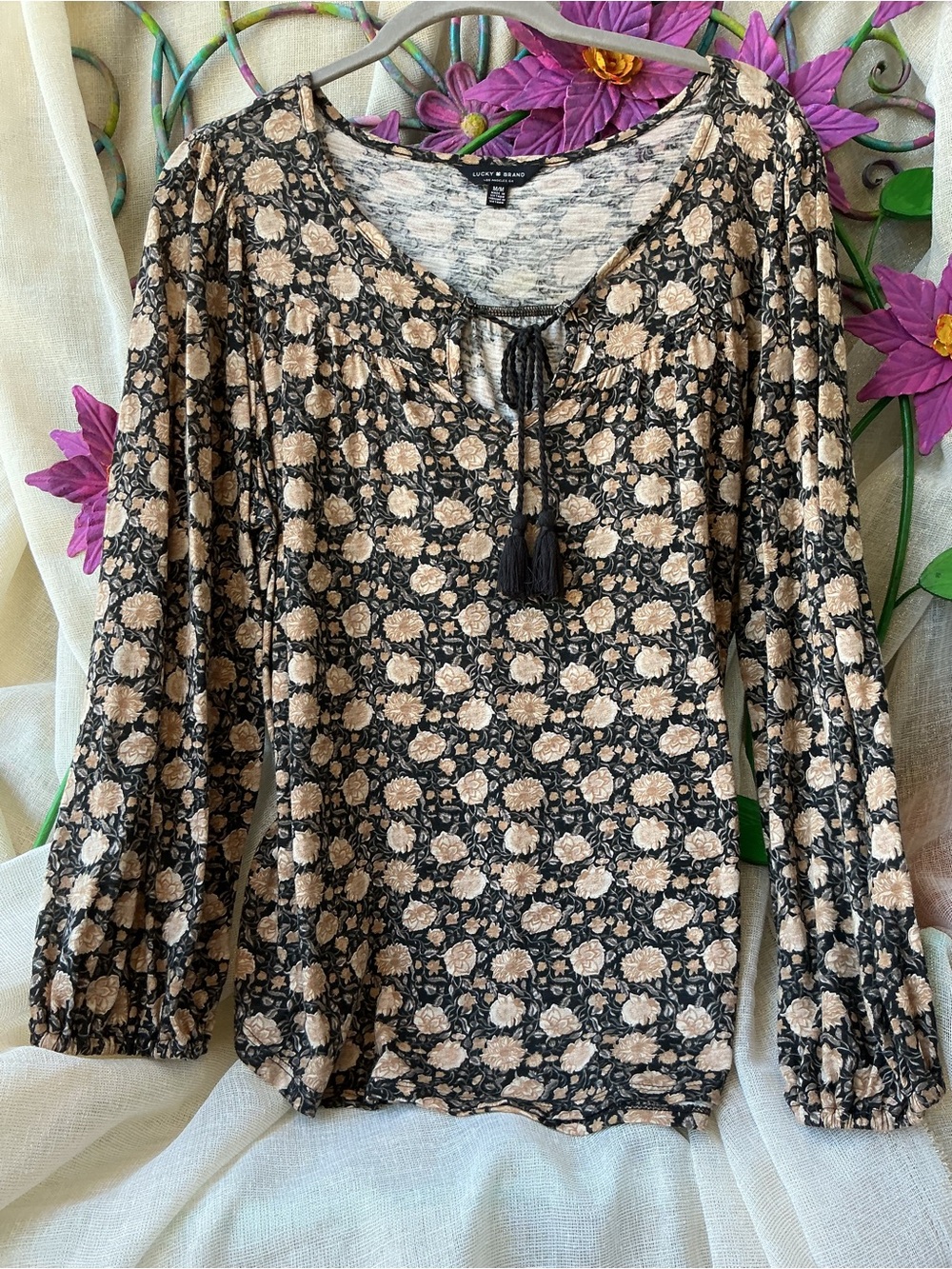 Lucky Brand Black and Cream Floral Tassel Peasant Blouse